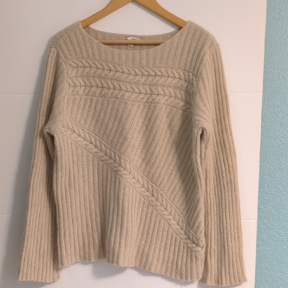 j.jill Women's Cream Cable Knit Wool Blend Sweater Round Neck Sz XL